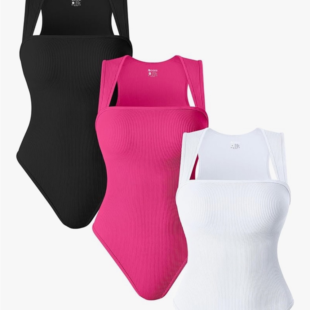 Ribbed Bodysuit Trio in Black, Pink, and White